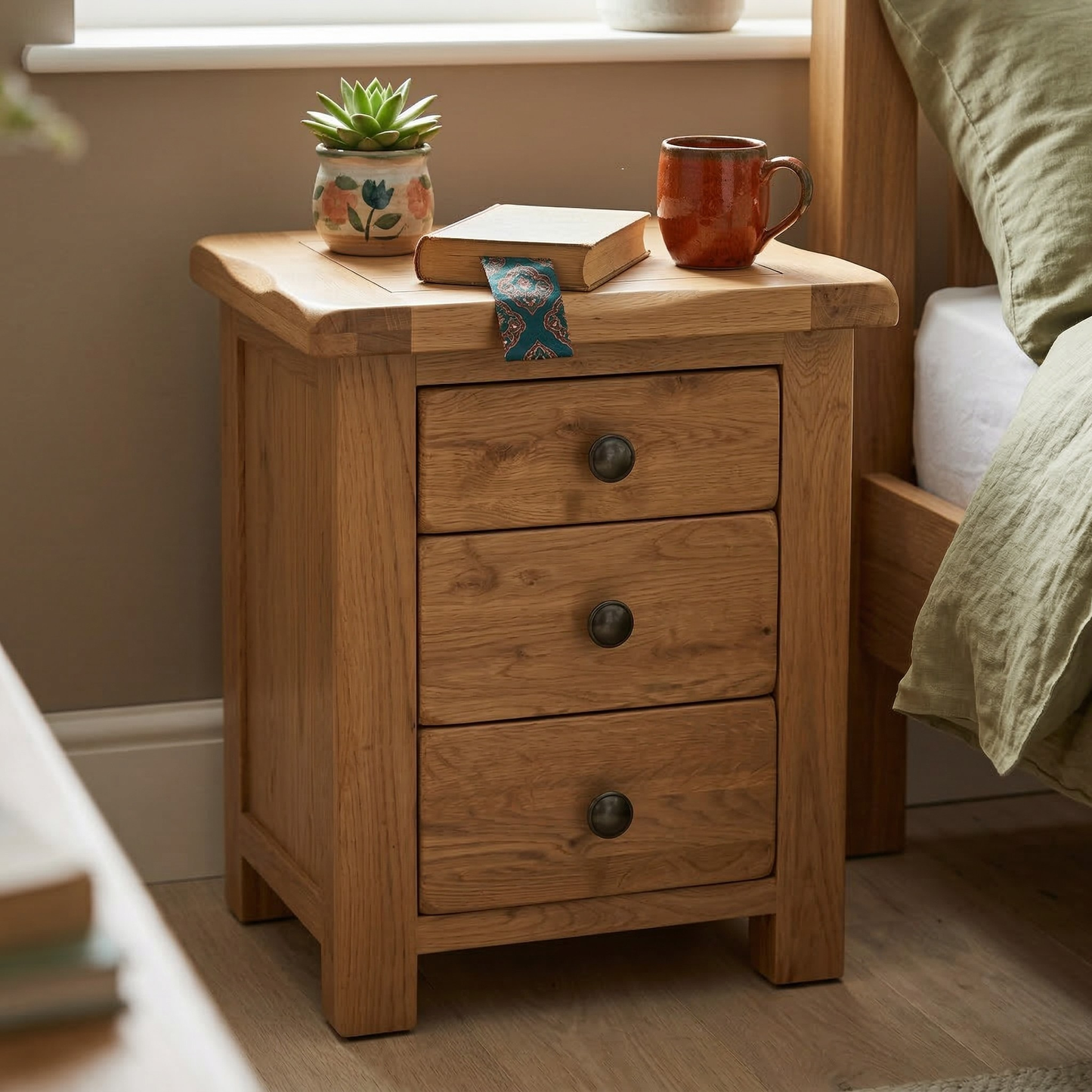 Rustic Oak 3 Drawer Bedside Table