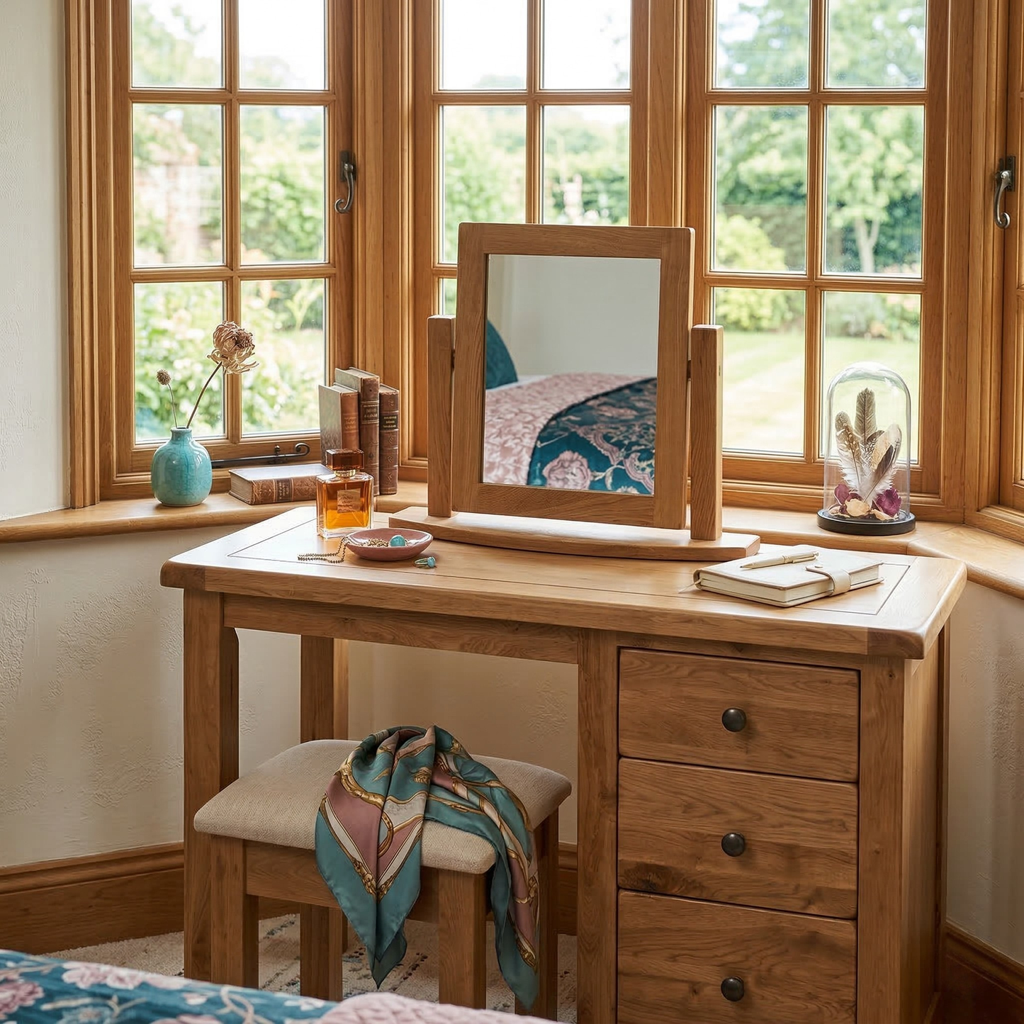 Rustic Oak Dressing Table with Stool
