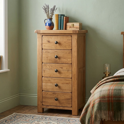 Rustic Oak 5 Drawer Narrow Chest